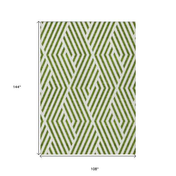 9' X 12' Lime Green and White Geometric Washable Non Skid Indoor Outdoor Area Rug