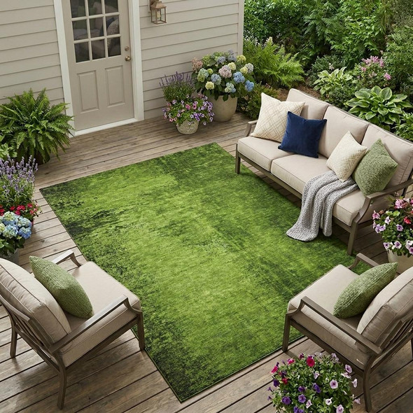 10' X 14' Green Abstract Washable Non Skid Indoor Outdoor Area Rug