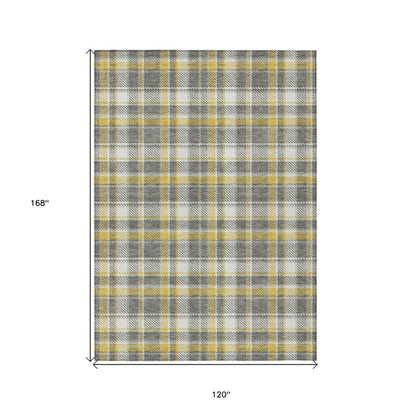 10' X 14' Gray Yellow And White Plaid Washable Indoor Outdoor Area Rug