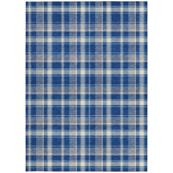 10' X 14' Navy and Ivory Plaid Washable Non Skid Indoor Outdoor Area Rug