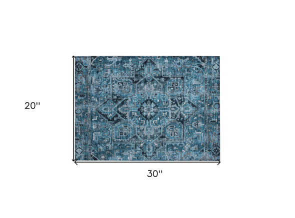 2' X 3' Denim and Gray Oriental Washable Non Skid Indoor Outdoor Area Rug