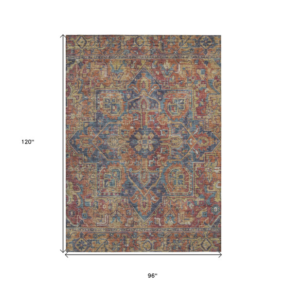 8' X 10' Red Orange And Blue Oriental Washable Indoor Outdoor Area Rug