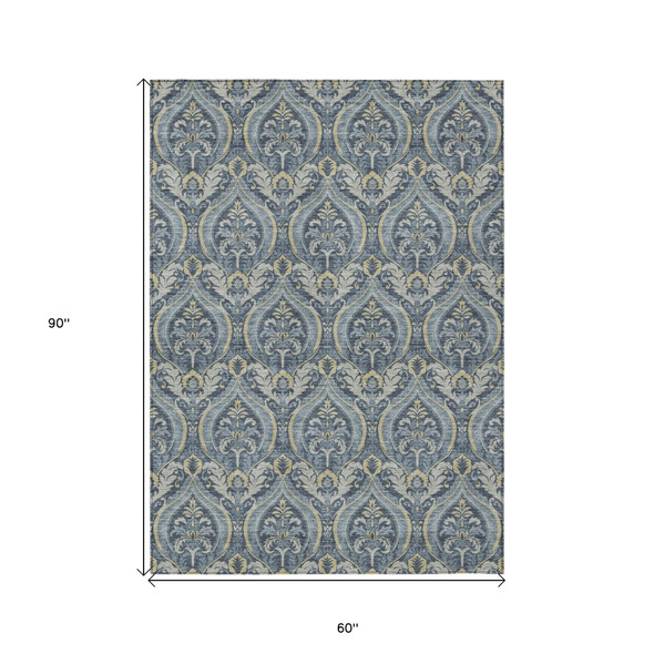 5' X 8' Blue and Cream Damask Washable Non Skid Indoor Outdoor Area Rug