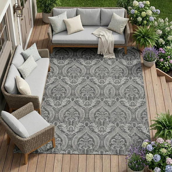 9' X 12' Gray Damask Washable Non Skid Indoor Outdoor Area Rug