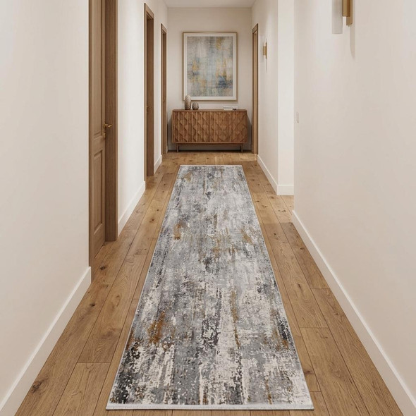 10' Gray Ivory and Gold Abstract Power Loom Runner Rug With Fringe