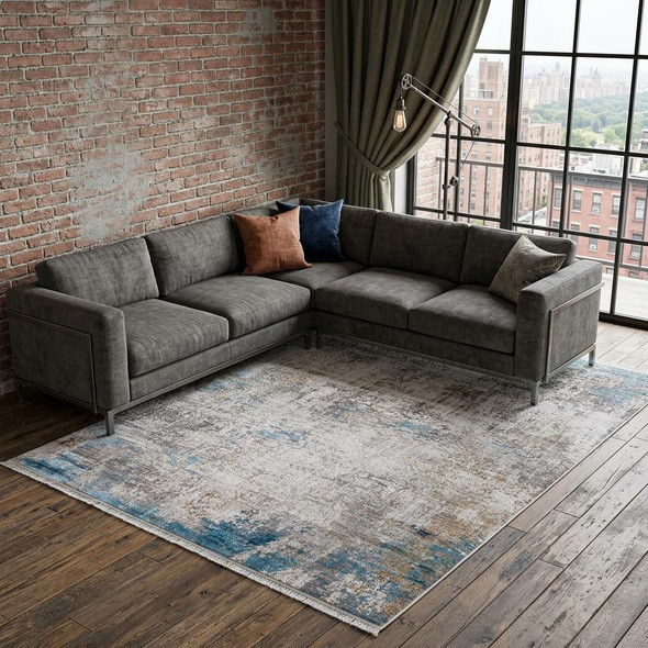 7' X 10' Ivory Gray and Blue Abstract Power Loom Area Rug With Fringe