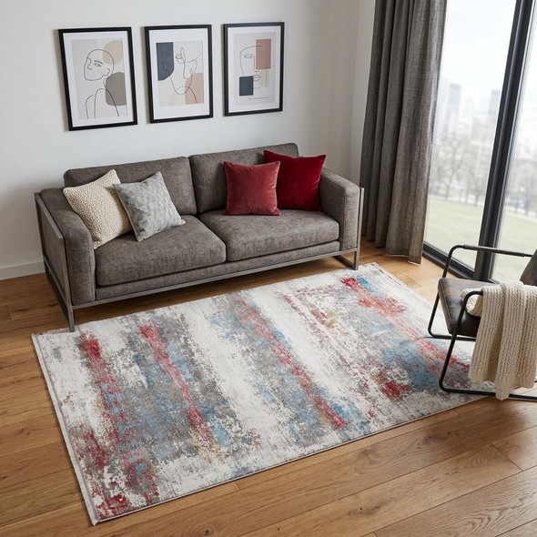 5' X 8' Gray Blue and Red Abstract Power Loom Area Rug With Fringe