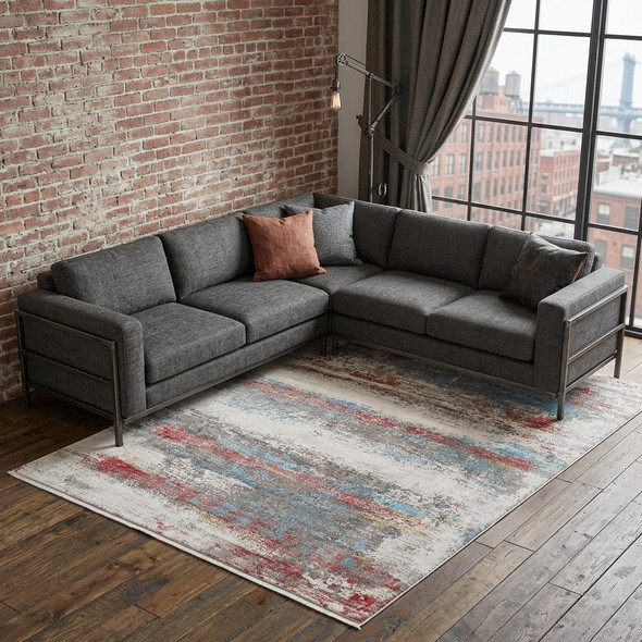13' X 20' Gray Blue and Red Abstract Power Loom Area Rug With Fringe