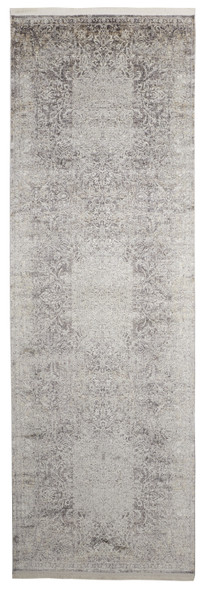 8' Gray and Ivory Oriental Power Loom Worn Faded Runner Rug