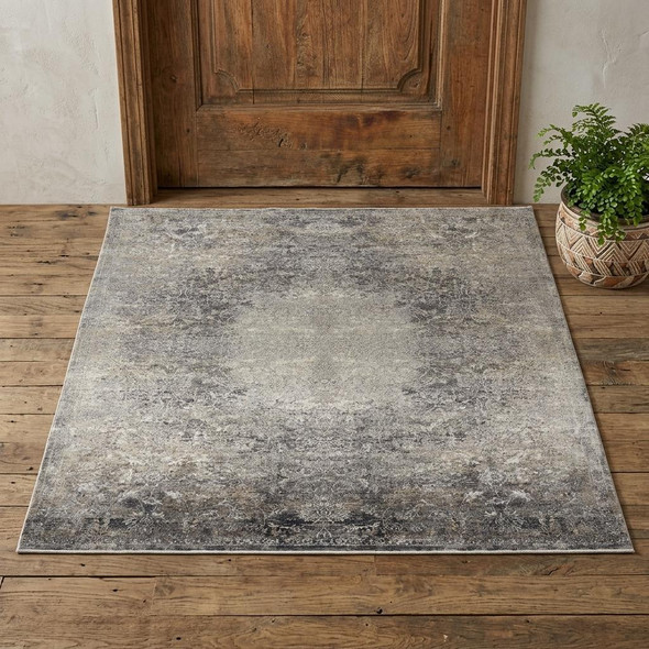 2' X 3' Tan and Gray Oriental Power Loom Worn Faded Area Rug