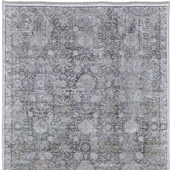 8' X 10' Gray and Silver Damask Power Loom Worn Faded Area Rug