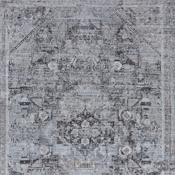 4' X 5' Gray and Silver Oriental Power Loom Worn Faded Area Rug