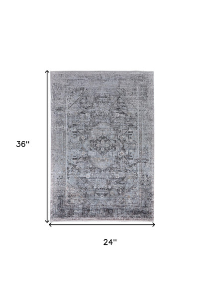 2' X 3' Gray and Silver Oriental Power Loom Worn Faded Area Rug