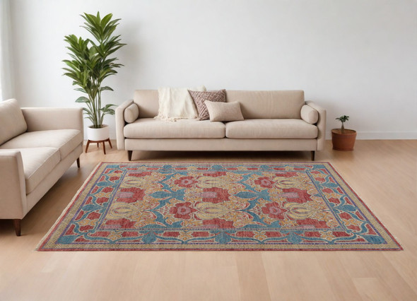 8' X 10' Blue Red and Yellow Wool Oriental Hand Knotted Area Rug