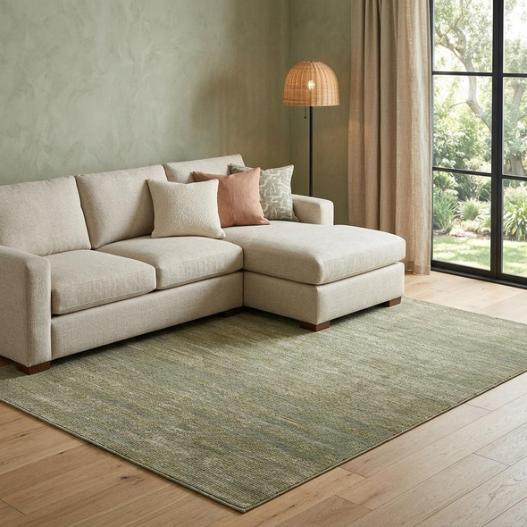 7' X 10' Tan and Green Power Loom Area Rug