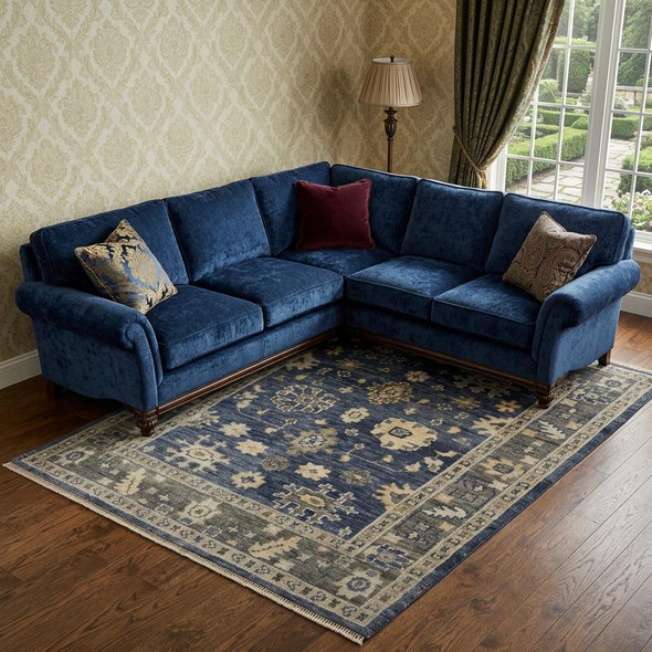8' X 10' Blue and Gray Wool Floral Hand Knotted Area Rug With Fringe