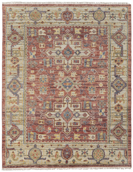 5' X 8' Ivory Red and Gold Wool Oriental Hand Knotted Area Rug With Fringe