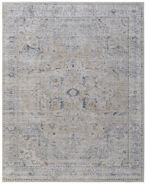 7' X 10' Ivory Taupe and Blue Oriental Power Loom Worn Faded Area Rug With Fringe