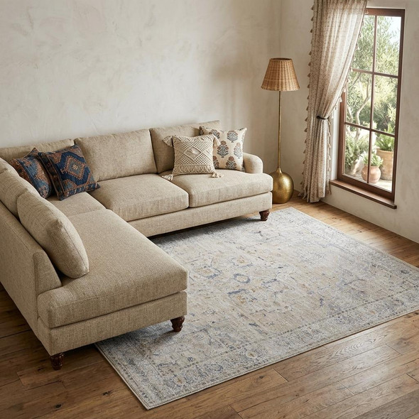 8' X 10' Ivory Taupe and Blue Oriental Power Loom Worn Faded Area Rug With Fringe