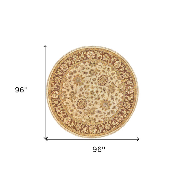 8' Ivory Gold and Brown Wool Oriental Hand Knotted Round Rug