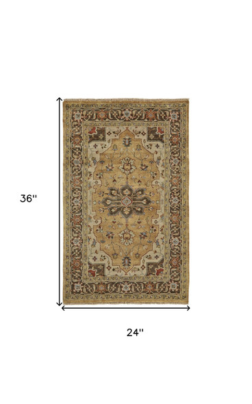 2' X 3' Tan Brown and Gold Wool Oriental Hand Knotted Area Rug