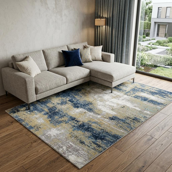8' X 10' Blue Ivory and Gold Abstract Hand Knotted Area Rug