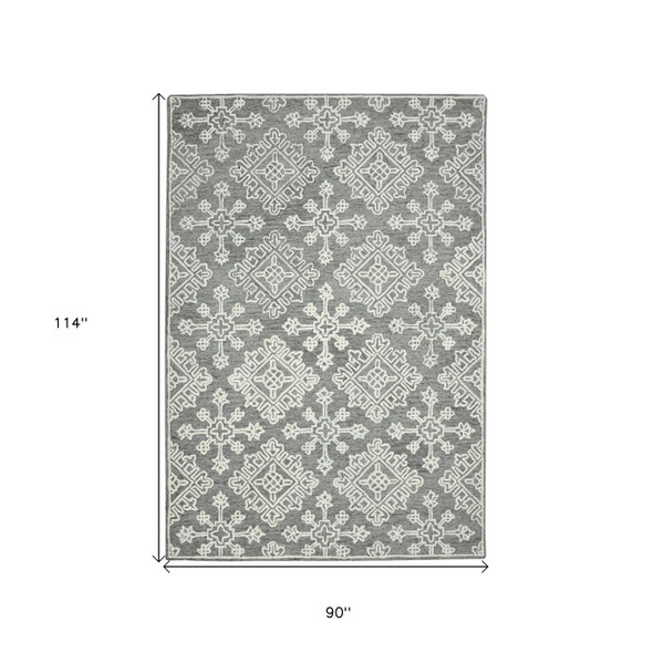 8' X 10' Gray And Ivory Wool Oriental Hand Hooked Area Rug