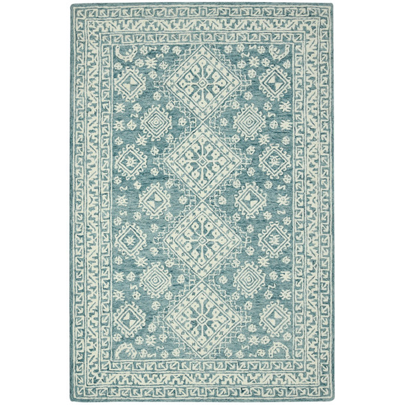 8' X 10' Aqua And Ivory Wool Oriental Hand Hooked Area Rug