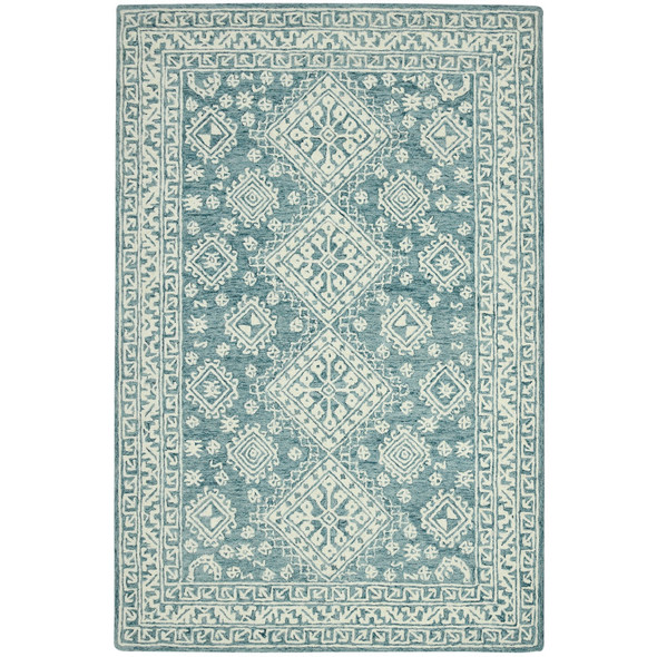 8' X 11' Aqua And Ivory Wool Oriental Hand Hooked Area Rug