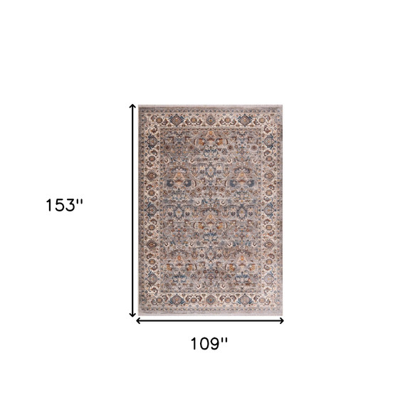9' X 13' Gray Tan And Beige Oriental Area Rug With Fringe