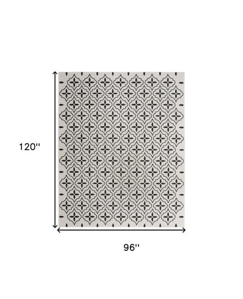 8' X 10' Ivory And Black Geometric Indoor Outdoor Area Rug