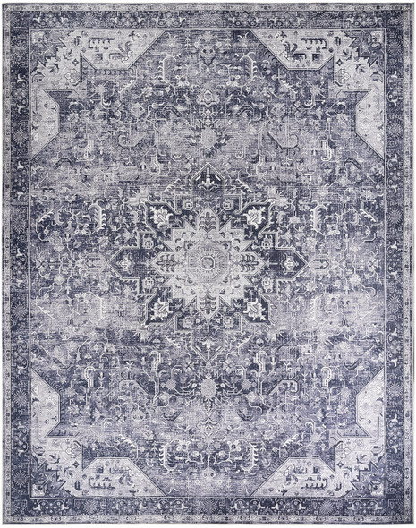 8' X 10' Gray Floral Power Loom Worn Faded Non Skid Area Rug