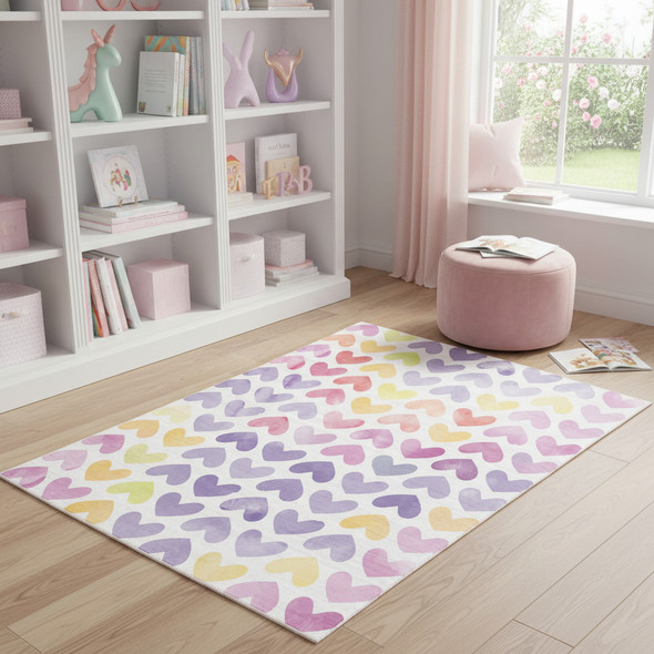 4' X 5' Ivory Pink And Purple Heart Youthful Washable Area Rug