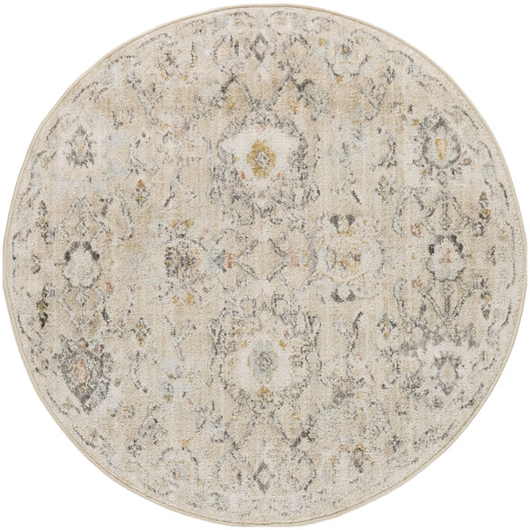 8' Cream Black And Yellow Floral Distressed Round Rug