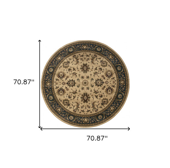 6' Ivory and Blue Oriental Round Rug