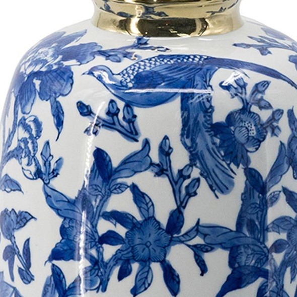 11" Blue White And Gold Chinoiserie Floral Porcelain Table Vase