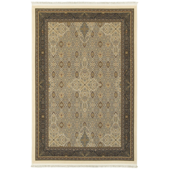 8' X 11' Ivory And Dark Blue Medallion Area Rug With Fringe