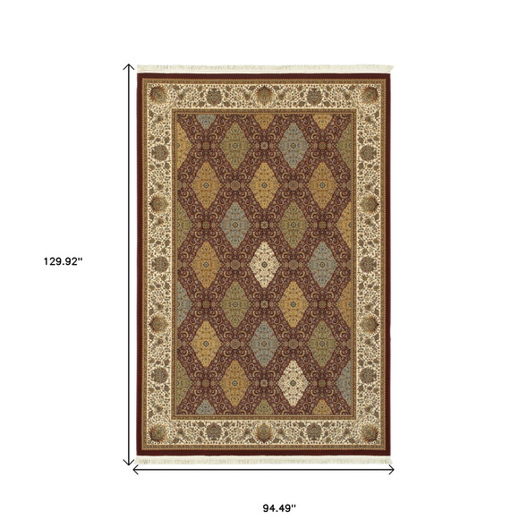 8' X 11' Red Tan And Ivory Oriental Area Rug With Fringe