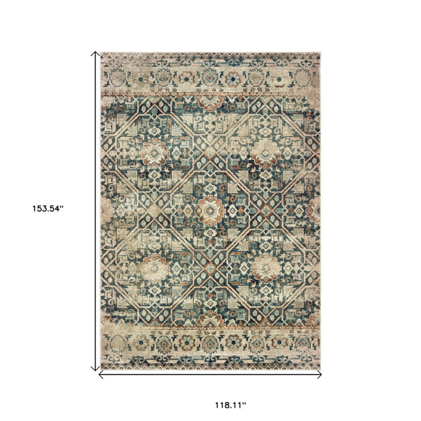 10' X 13' Blue And Ivory Geometric Distressed Area Rug