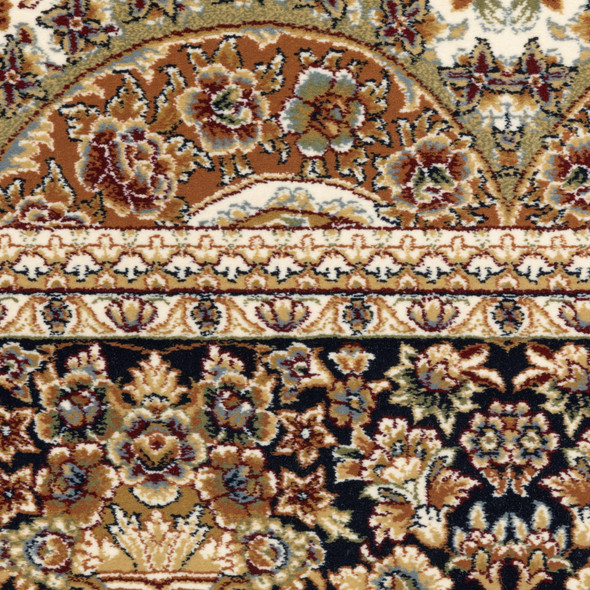 7' X 10' Ivory Black And Tan Medallion Area Rug With Fringe