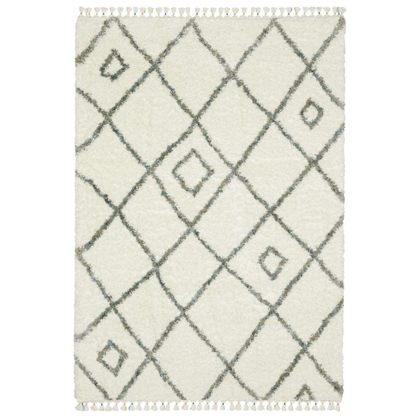 10' X 13' Ivory Gray And Tan Diamond Shag Area Rug With Fringe