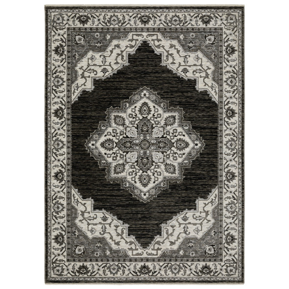 8' X 11' Charcoal And Ivory Medallion Area Rug With Fringe