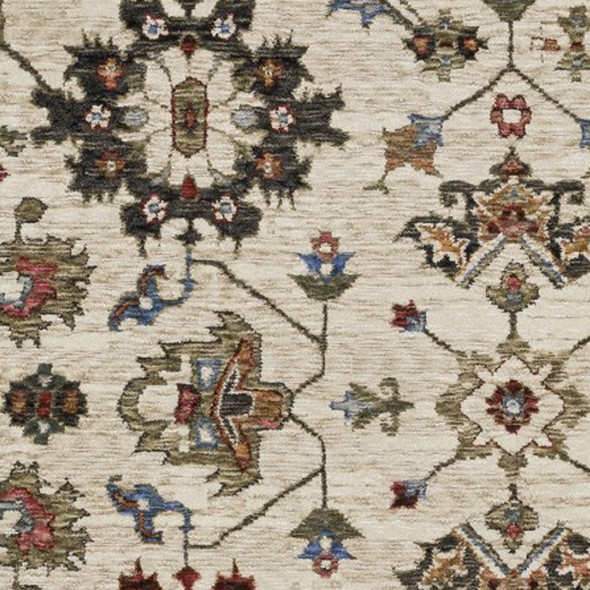 7' X 10' Ivory And Green Oriental Area Rug With Fringe