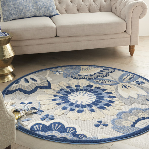 4' Blue Gray And Ivory Round Floral Indoor Outdoor Area Rug