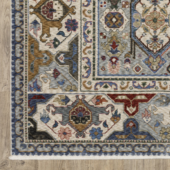 5' X 8' Blue And Gray Oriental Area Rug With Fringe