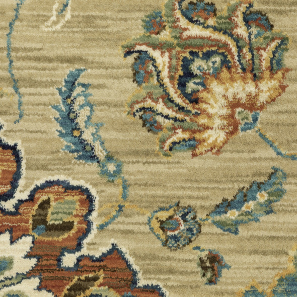 3' X 5' Tan Red And Blue Floral Area Rug With Fringe