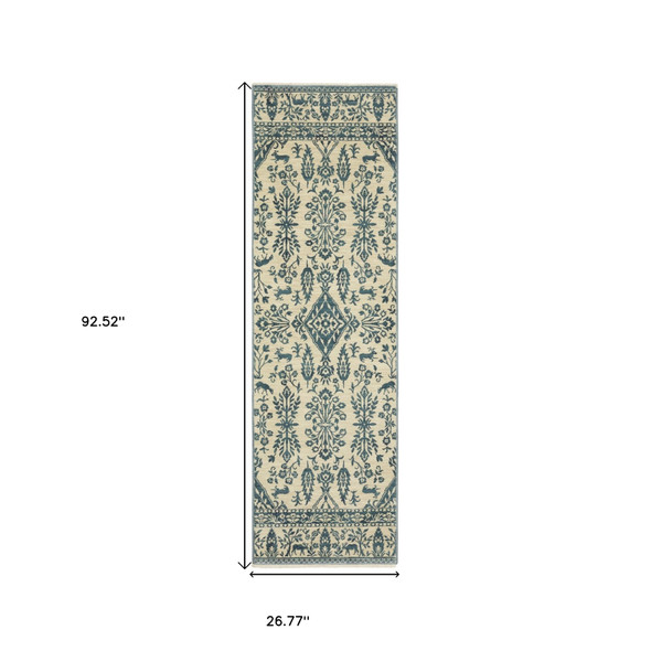 8' Ivory And Blue Oriental Runner Rug With Fringe