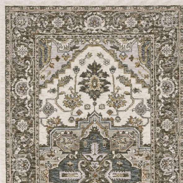 8' Ivory And Gold Medallion Runner Rug With Fringe