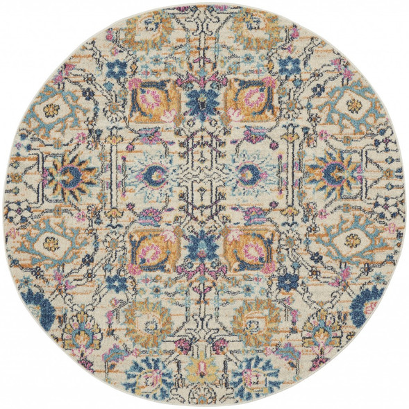 4' Ivory And Blue Floral Round Rug