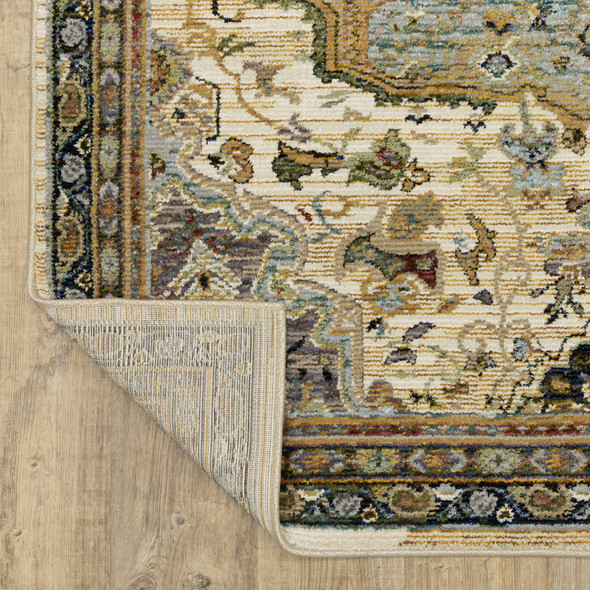 12' Ivory And Blue Oriental Runner Rug